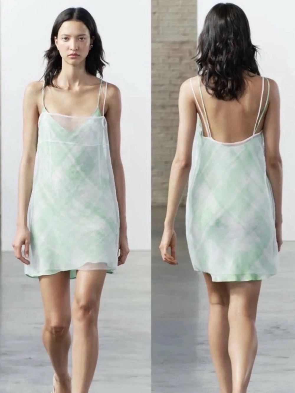 Zara Sheer Plaid Slip Mimi Dress - Green Size Large